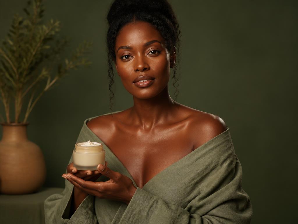 Femme au teint noir tenant un baume Makabi Care dans une ambiance de spa