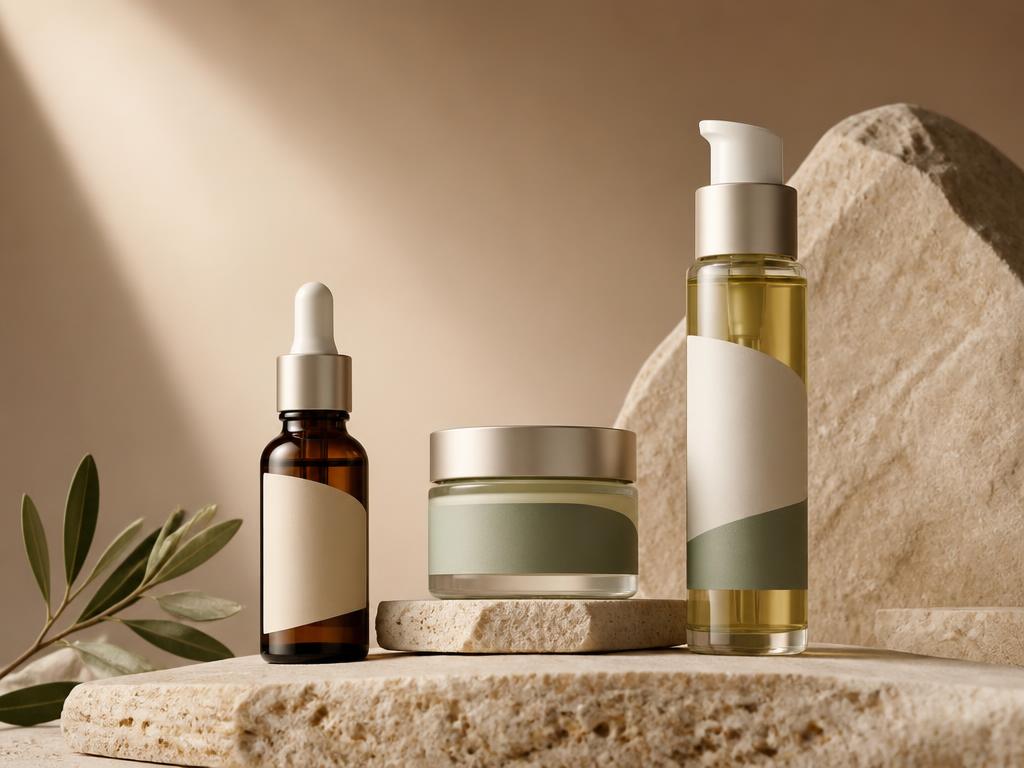 Sérum, baume et huile Makabi Care posés sur de la pierre claire