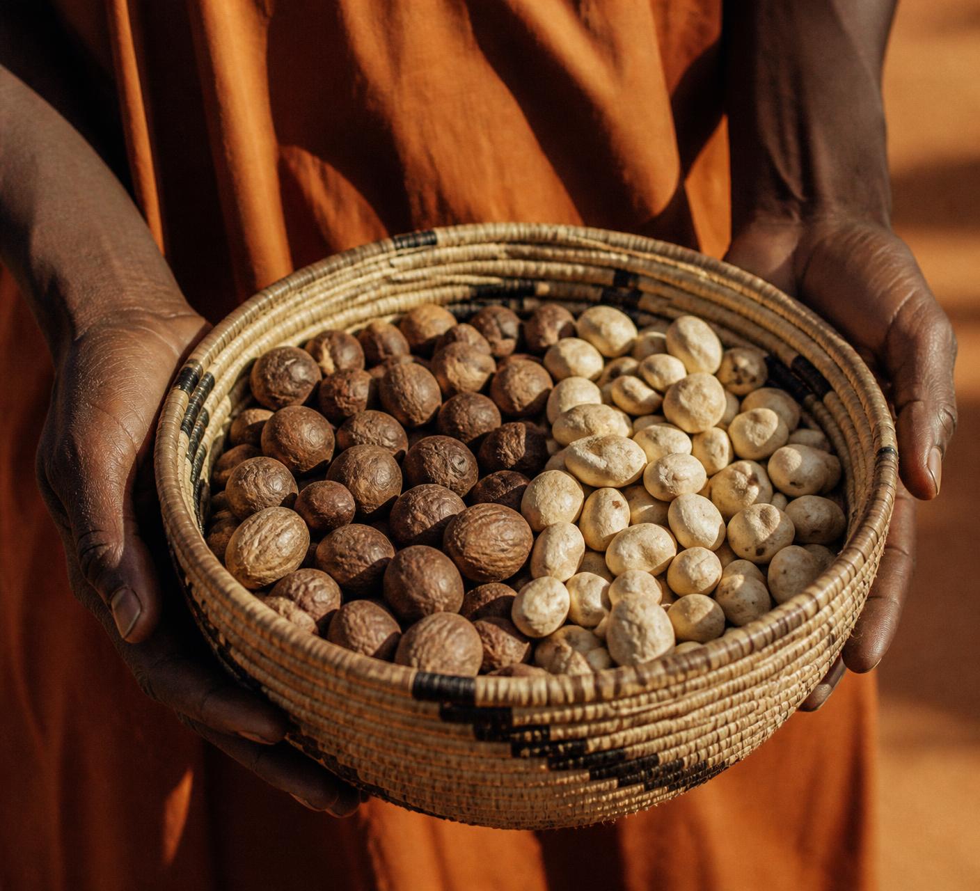 Noix de karité et graines de baobab dans un panier tissé